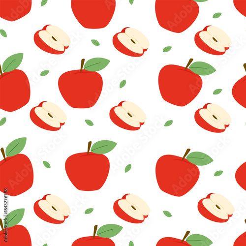 Pattern with whole red apples and slices. Seamless pattern featuring whole red apples and juicy slices, perfect for kitchen decor, textiles, backgrounds, and food-themed designs.