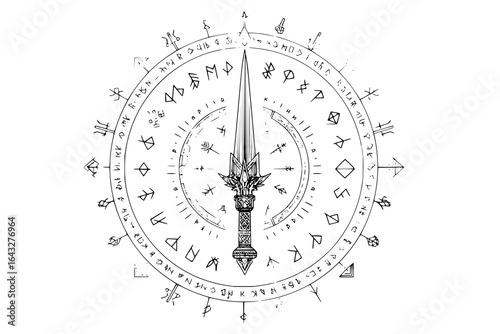 Detailed illustration of a sword surrounded by runic symbols in a circular magical pattern design