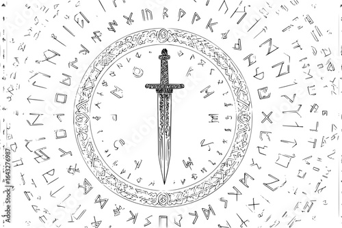 Illustration of a sword inside a circle of celtic knotwork surrounded by runes and symbols design