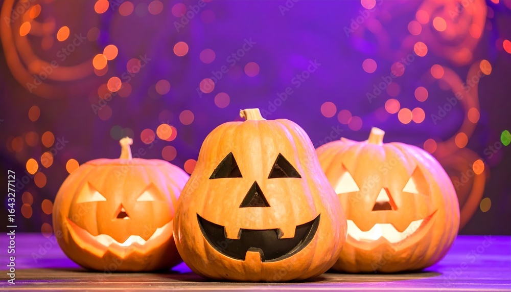 Fototapeta premium Three jack-o'-lanterns on a table against a blurred purple background
