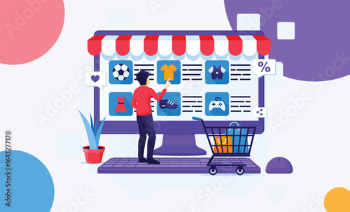 Modern online shopping website illustration with digital elements