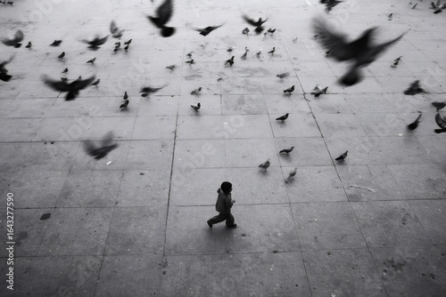 Black and white image capturing a child running joyfully in a square filled with flying pigeons, creating a serene urban scene