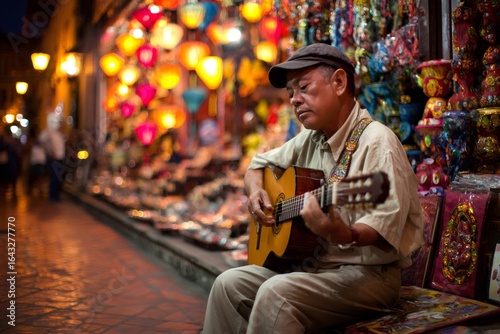 Vietnamese musician playing acoustic guitar in a traditional souvenirs shop in Hoi An ancient town by night