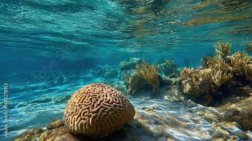 Vibrant brain coral thriving in the crystal-clear waters of the Caribbean Sea
