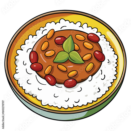 A delicious bowl of rice topped with savory bean curry and garnished with fresh green basil leaves