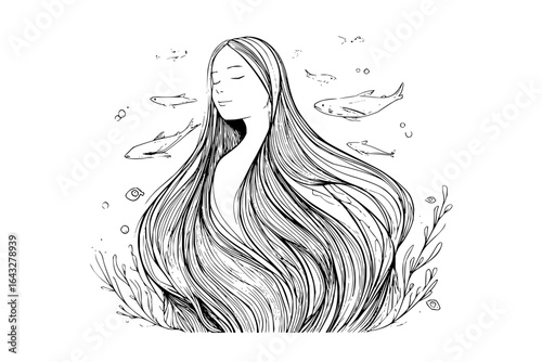 Illustration of a woman with long flowing hair surrounded by fish and aquatic plants in black and white style
