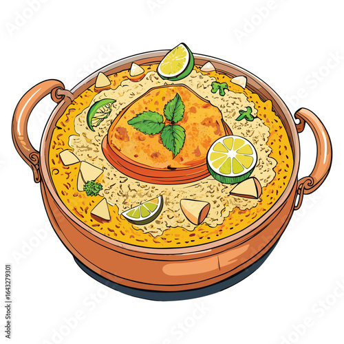 A deliciously illustrated dish of biryani garnished with fresh mint lime slices and cubes of potato
