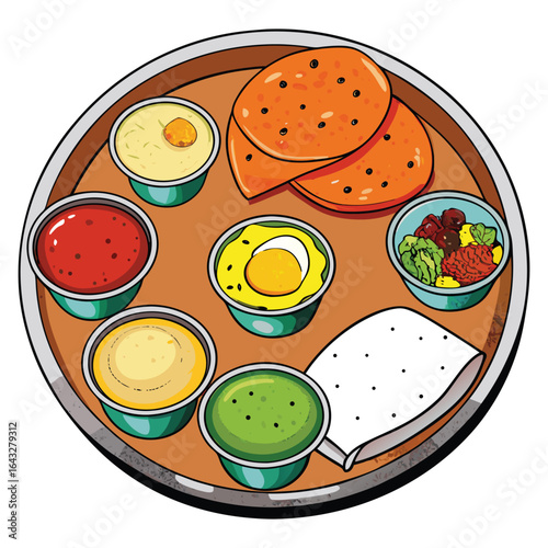 A vibrant illustration of a traditional indian thali meal featuring various chutneys breads and accompaniments served on a platter