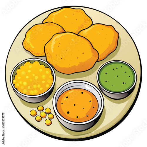 A delicious indian meal featuring golden puri served with chutneys and dal