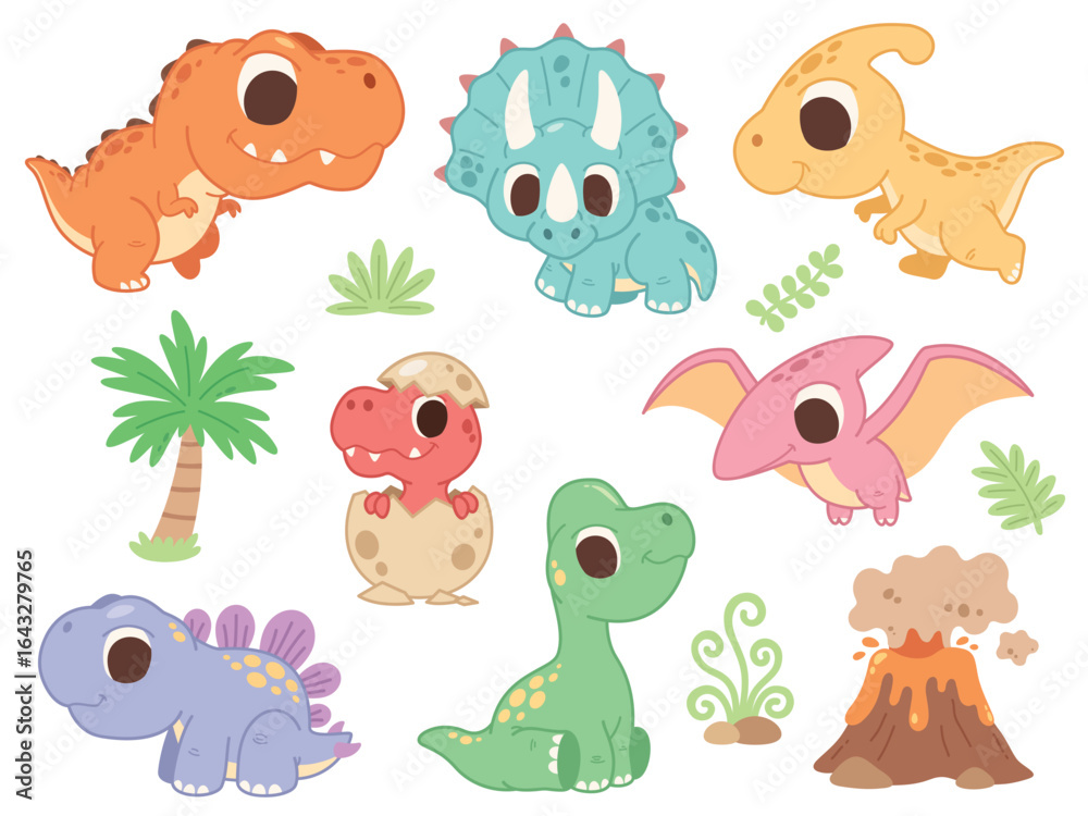 Naklejka premium Cute Cartoon Dinosaur Set with Volcano and Prehistoric Plants Vector Illustration