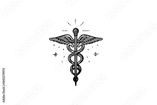 Illustration of a caduceus symbol with wings and snakes on a white background with dotted accents design
