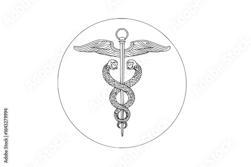 Illustration of a caduceus symbol with two snakes entwined around a staff inside of a circle shape