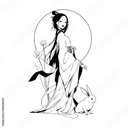 Elegant geisha with a rabbit standing in front of a full moon and lotus flowers in black and white style