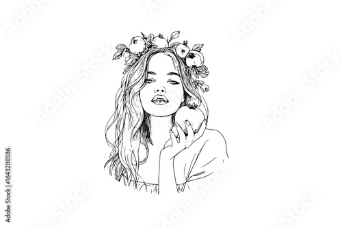 Sketch of a girl with long wavy hair and a crown of fruit holding an apple in her hand in black and white