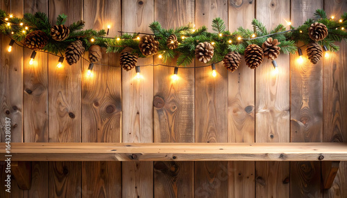 Festive holiday lights on wooden shelf
