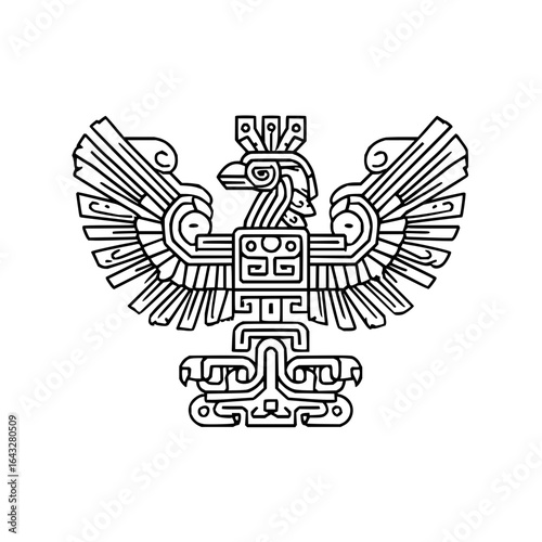 Stylized aztec eagle with geometric patterns and outstretched wings in black and white line art design