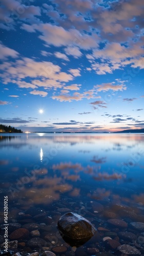 Evening serenity by the tranquil lake under a dreamy sky filled with clouds