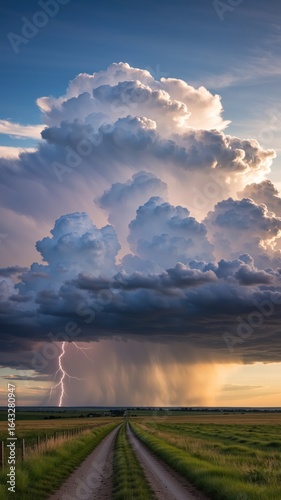 Majestic storm clouds gather over an open road in a vibrant evening sky
