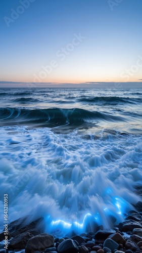 Waves crashing on pebbled beach under a twilight sky with glowing blue undertones