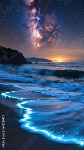 Enchanting bioluminescent waves illuminate the shore beneath a starlit sky