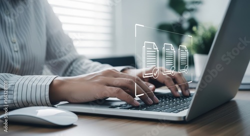 3d icon of person typing on laptop with digital documents floating above keyboard