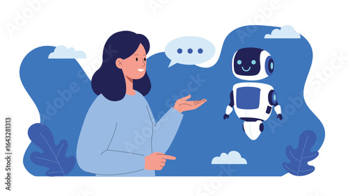 Woman talking with AI assistant robot in a friendly conversation. A concept of interaction between human and artificial intelligence.