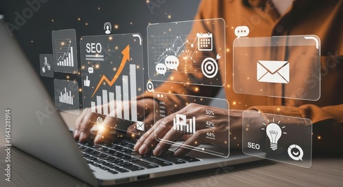 3d icon of digital marketing strategy with seo growth and business analytics on laptop