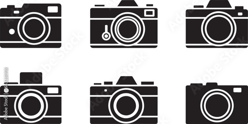 Black camera icons with lenses and viewfinders photography