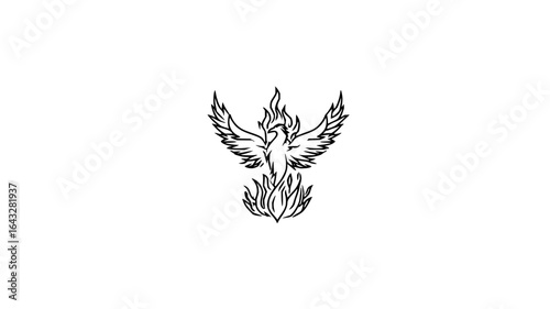 A stylized phoenix with wings spread and flames rising from its body in a black and white illustration