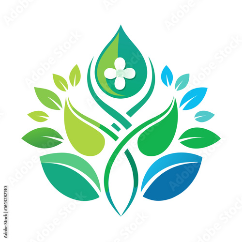 Homeopathy Symbol Composed of Flowers, Leaves, and Water Droplets Vector Illustration