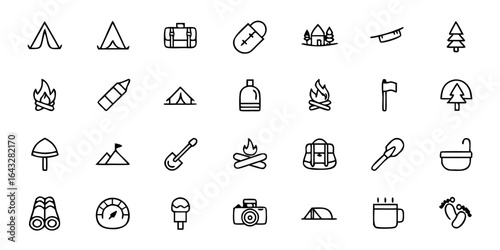 Camping Essentials Outline Icon Set — Outdoor Gear, Survival Equipment, and Hiking Accessories Vector Illustrations for Travel, Adventure, and Wilderness Branding