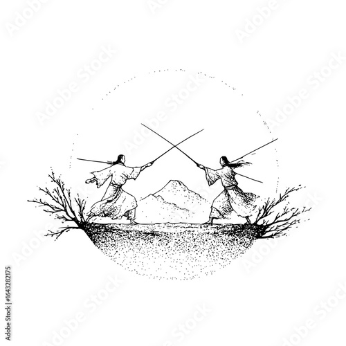 Two figures in robes duel with swords on a dotted landscape with mountains and bare trees in black and white