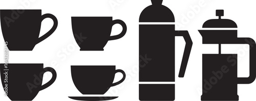Wallpaper Mural Black coffee cups french press and thermos vector Torontodigital.ca