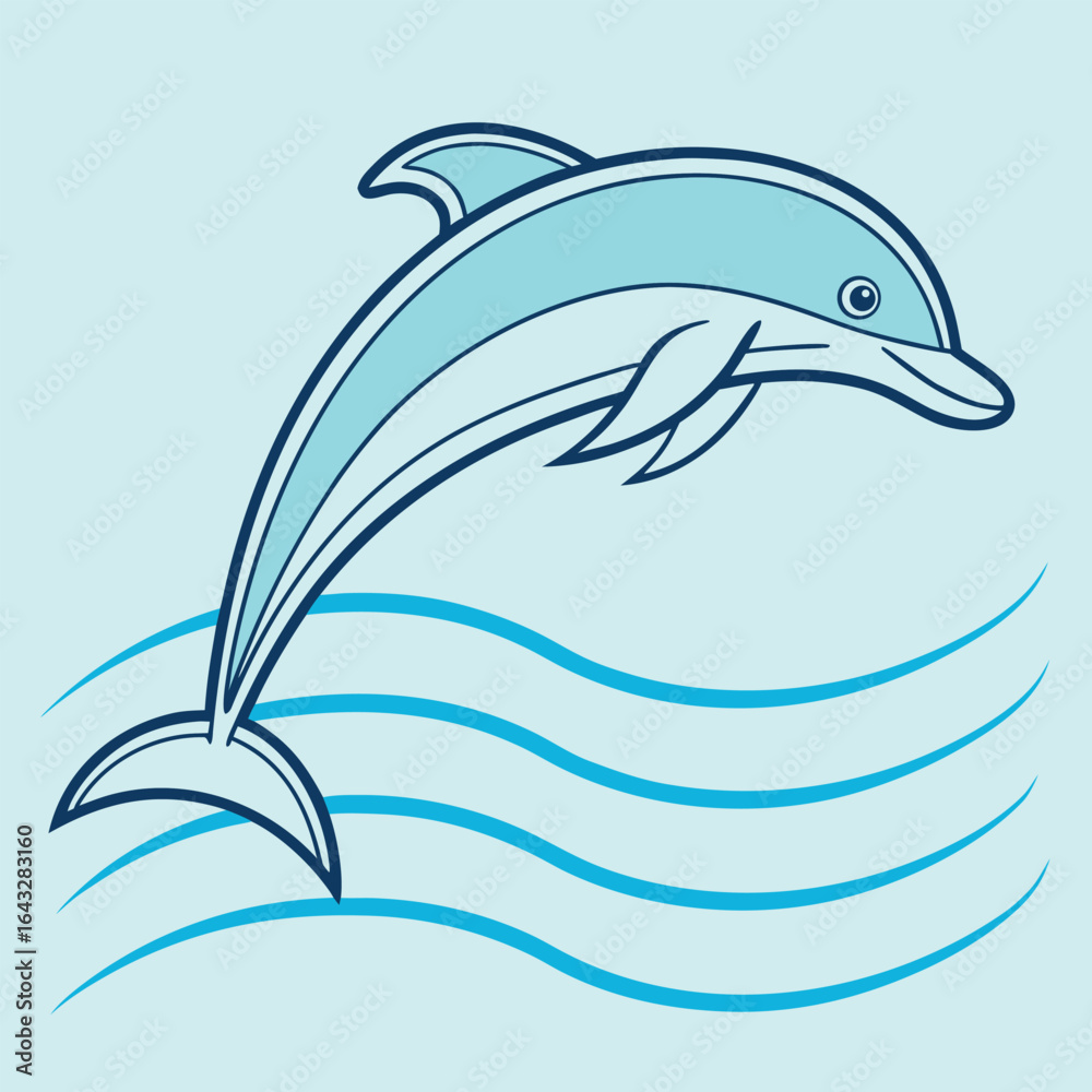 Fototapeta premium Stylized light blue dolphin leaping over blue waves graphic jumping marine mammal