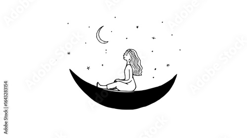 Woman sitting on a crescent moon looking at the moon and stars in a black and white minimalist drawing style