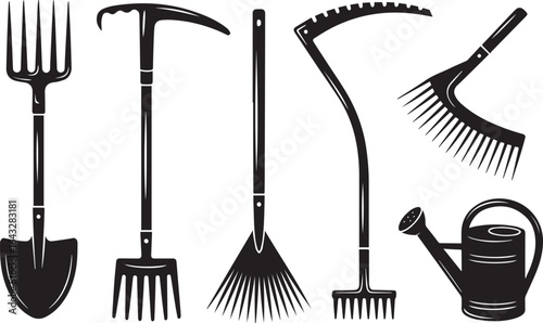Black garden tools including pitchfork shovel rake scythe and watering can vector