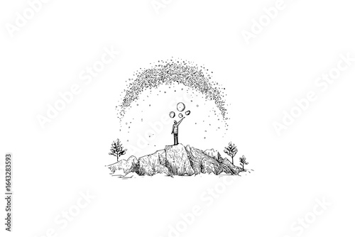 Illustration of a person on a mountain reaching for bubbles under an arch of leaves in black and white style