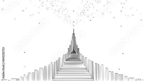 A black and white illustration of a city skyline leading to a central tower under a starry sky design