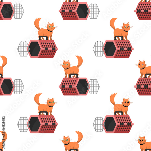 Cute red cat with carrier seamless pattern. Traveling with pets concept texture. Vector Flat design, cartoon style. Vector textile design. Cat got out from carrier