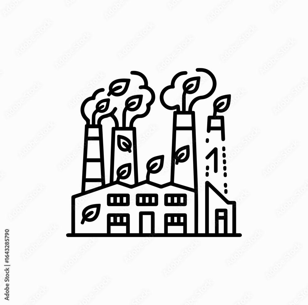 Obraz premium Eco Factory Icon – Outline Green Industry Building with Leaf Emission