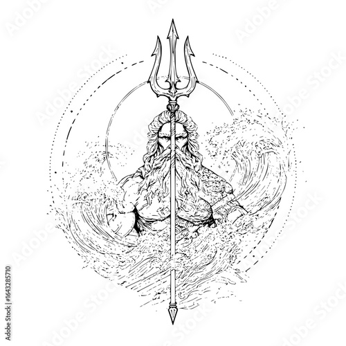 Illustration of poseidon emerging from the sea with a trident in black and white sketch style