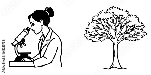 Vector art of a scientist looking through a microscope next to a tree, isolated on white background