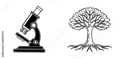 Vector art of microscope and tree with roots, representing science and nature, isolated on white background