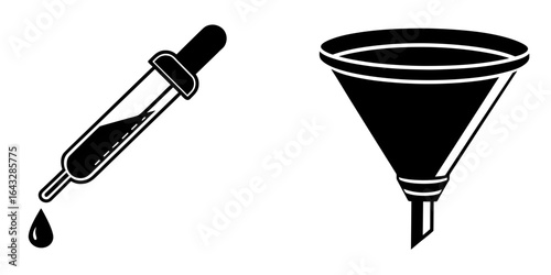 Vector art of a dropper with a drop of liquid falling next to a funnel, isolated on white background