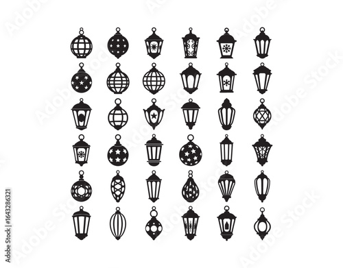 A set of black lantern silhouettes, featuring hanging lights made of decorative retro metal. It's got that traditional and holiday vibe. This is a vector line art illustration on a white background.
