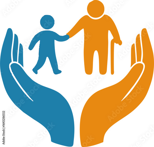  Flat vector illustration of hands protecting a child and elder, representing intergenerational care, safety, family support, and community protection services.