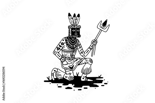 Illustration of a kneeling figure in tribal attire holding a trident in a black and white design style