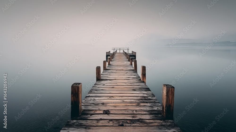 Obraz premium A serene wooden pier stretches into a misty lake, creating a tranquil and peaceful atmosphere.