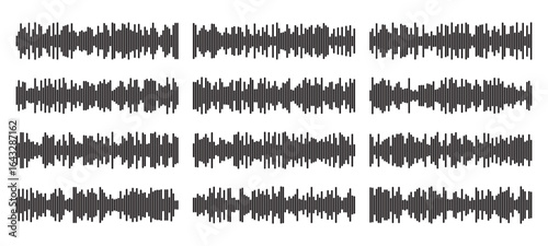 Audio wave tune print, voice message, podcast audio recording. Vector audio player soundwave visualization or voice message sound wave. Podcast audio streaming. Music, sound concept.