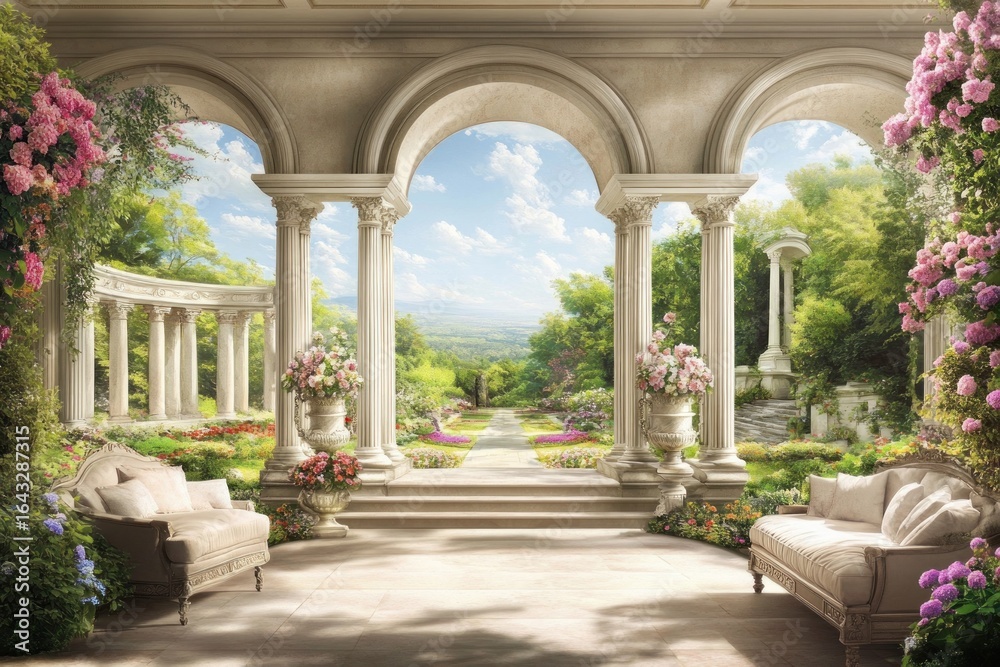 Fototapeta premium Beautiful garden view through stone arches, leading to a path among trees and flowers